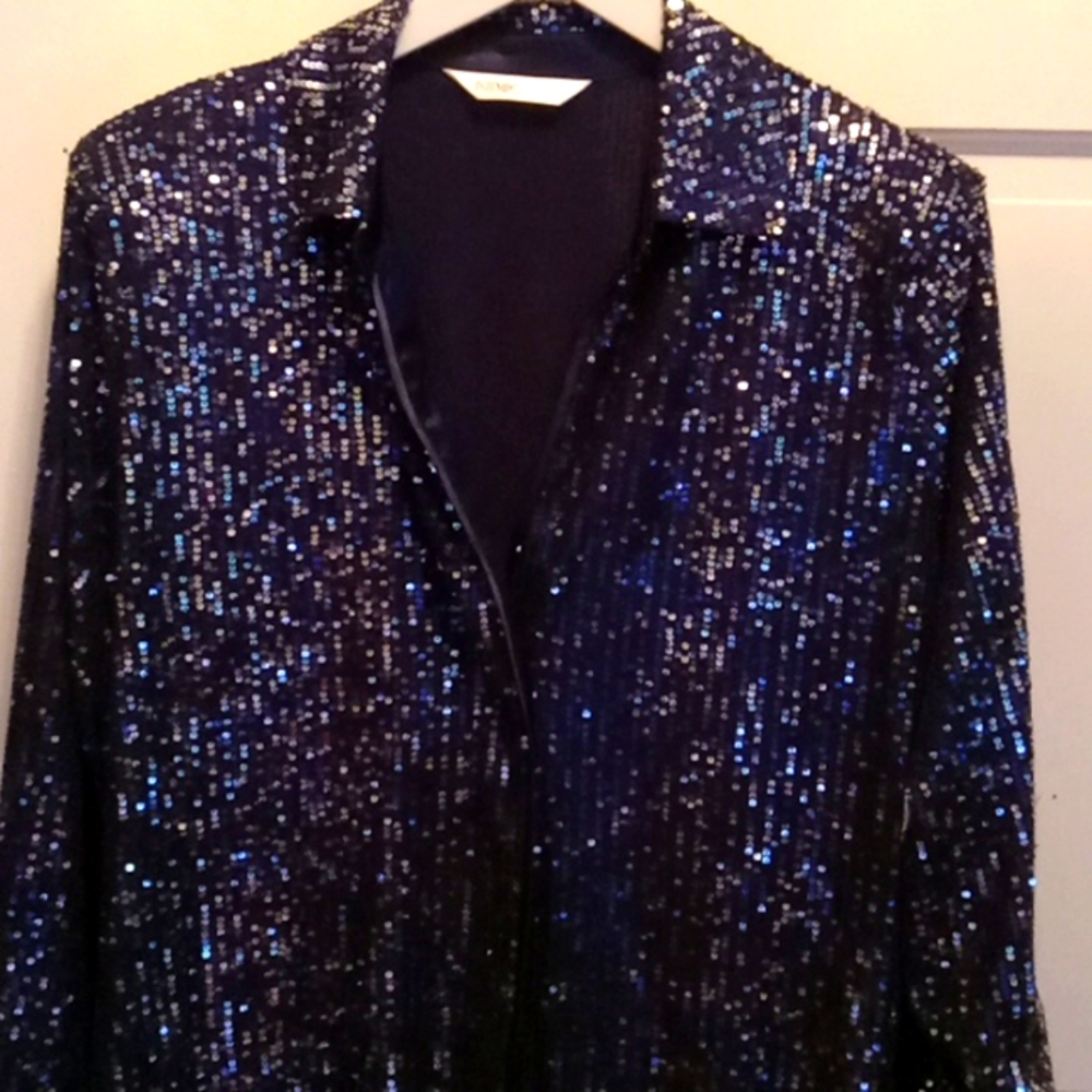 NWT    NAVY AND SILVER SEQUIN LONG-SLEEVED DRESS.  FULLY LINED.  SIZE XXL